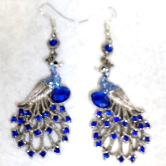 Peacock Earrings Dangle Blue Faux Rhinestone Silver Plating Metal 3.5" Length - Picture 9 of 9
